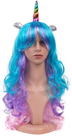 Synthetic Wigs Halloween Unicorn Pony Cosplay Party Long Curly Wigs For Women(colorful horn)