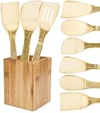 Neet Unshaved Organic Bamboo Cooking Utensils - 7 Piece Set Utensil Holder Organizer - Rice Paddle - Wooden Cooking Spoon & Spatula Kitchen Unique Wood Gift Idea