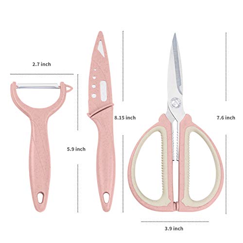 Vegetable Peeler Set of 3,Stainless Steel Blades with Wheat Straw Non-Slip Handles,Multifunction Kitchen Tool Set, Includes Fruit Knife,Peeler, Kitchen Shears,Pink