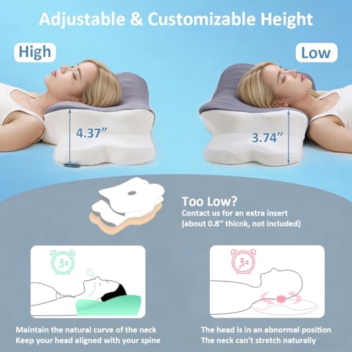 Memory Foam Pillow, Adjustable Butterfly Ergonomic Pillow, Cervical Neck Pillow for Pain Relief Contour Ergonomic Orthopedic Support Bed Pillow for Side Back Stomach Sleepers, Cooling Washable Cover