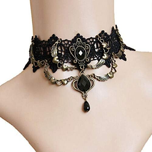 DONGMING Women Girls Necklace Punk Black Lace Gothic Lolita Victorian Choker Beads Chain Pendant Necklace Retro Style Vintage Necklace Jewelry for Halloween and Christmas Party