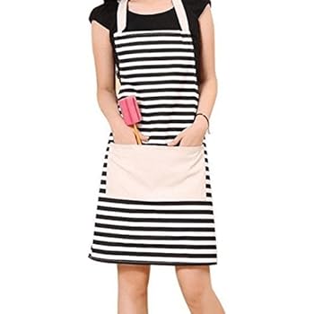 GYBest Cotton Canvas Women's Apron with Convenient Pocket Durable Stripe Kitchen and Cooking Apron for Women/Men Professional Stripe Chef Apron for Cooking, Grill and Baking (Black and White)