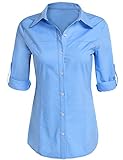 POGT Women's Roll up Long Sleeve Oxford Shirt Blouse Button Down Shirt
