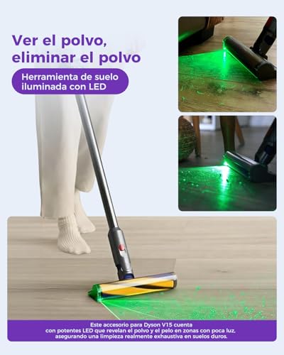 Cabezal de limpieza V15 Fluffy Optic para Dyson V15, V11, V10, V8, V7 – Detección de polvo con luz verde, accesorio de rodillo suave para suelos de madera | Luz verde revela el polvo, articulación de 90°, cepillo suave protege suelos, solo 390 g, cepillo extraíble y lavable