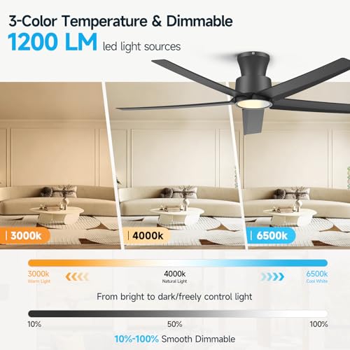 ocioc Ventiladores de techo con luces, 52 pulgadas, motor CC silencioso reversible, regulable, negro ventilador de techo para interiores y exteriores