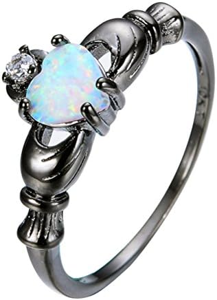 VKR Elegant Heart Cut Rainbow Opal Claddagh Fashion White CZ Wedding Jewelry Black Gold Filled Promise Rings