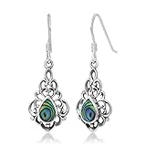 925 Sterling Silver Bali Inspired Vintage Green Abalone Shell Filigree Dangle Hook Earrings