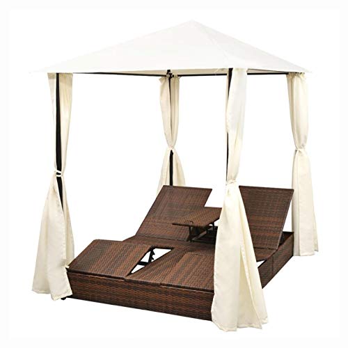 Sunlounger, Double Sun Lounger with Curtains Poly Rattan Brown - Thumbnail 3