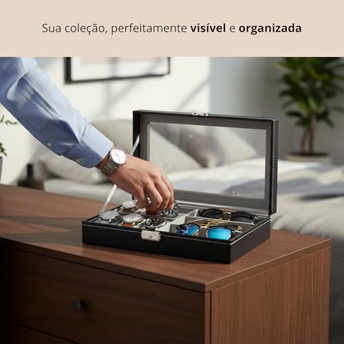 Estojo 9 compartimentos relógios e óculos couro ecológico | Forro aveludado e visor transparente protegem peças delicadas; ideal para penteadeiras, closets e viagens curtas