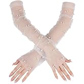 Livresse White Lace Sheer Gloves,Bridal Accessories with Pearls for Wedding, Fingerless Gloves, Long Elbow Wedding Armwear for Tea Opera Party and Hallowmas Costume