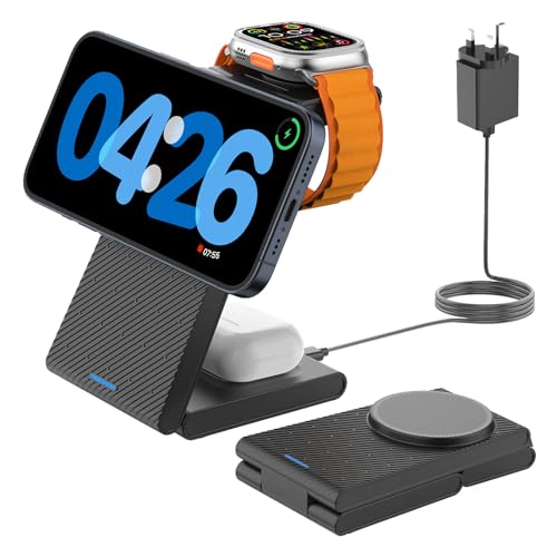 3 in 1 Wireless Charging Station, Foldable Magnetic Charger Stand for Multiple Devices, Wireless Charger for iPhone 17/16/15/14/13/12, Apple Watch 9/8/7/6/SE/5/4/3/2, AirPods 4/3/2/Pro