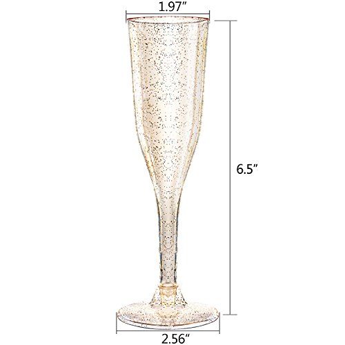 105 Plastic Champagne Flutes, Gold Glitter Champagne Glasses 5 Oz