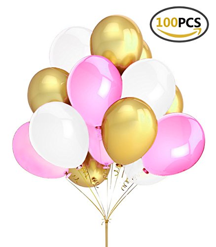 Fecedy 100pcs Gold Pink White Round Balloons for Party