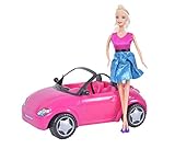 Doll Car with Fashion Doll in Vogue Dress, Glam Convertible Girls Play Set, Beach Cruiser and Doll Included, Pink