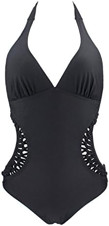 JingQi Womens's Deep V Hollow Out One Piece Monokini Swimsuit(Black,L)