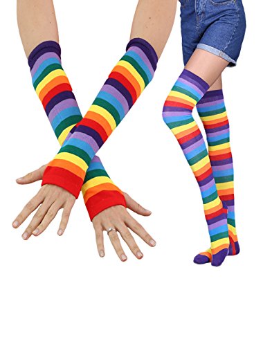 Womans Rainbow Stripe Knee Thigh High Socks and Long Arm Warmer Fingerless Gloves for Man Kids (SET A)