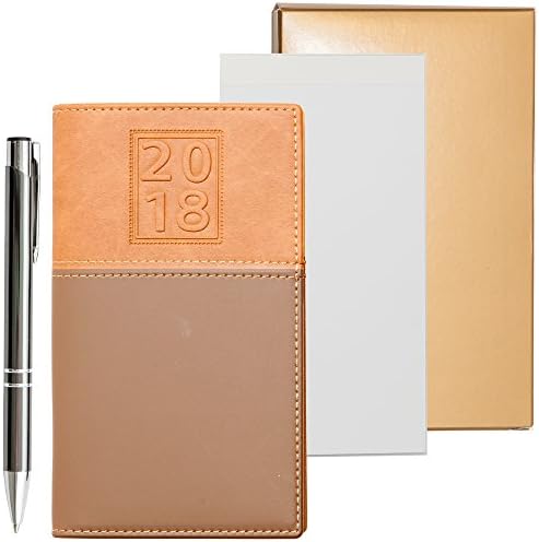 2018 Weekly Pocket Calendar Organizer | Business Polished Chrome Trim Pen | Pure White Notepad | All in a Gold Gift Box (2018 Tan)