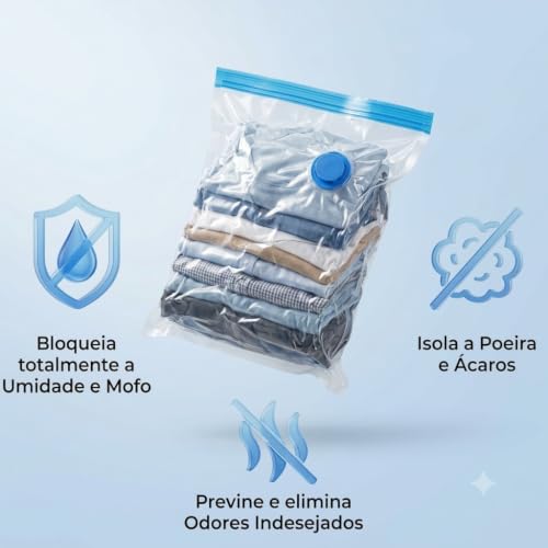Kit 10 Sacos a Vácuo para Roupas 50x60cm com Bomba Manual — Saco Organizador a Vácuo Reutilizável e Impermeável para Viagem, Mala, Edredom e Armazenamento, Economiza até 80% de Espaço
