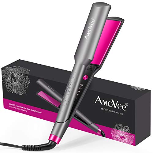 AmoVee Keratin Flat Iron Pro 1.5 Inch Wide Ceramic Tourmaline Hair Straightener 10s Fast Heating 265℉ – 450℉ for All Hair Types, Dual Voltage, 1h Auto Off, Glove Included, Iron/Fuchsia