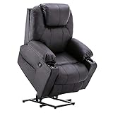 Mcombo Electric Power Lift Recliner Chair Sofa with Massage and Heat for Elderly, 3 Positions, 2 Side Pockets and Cup Holders, USB Ports, Faux Leather 7040 (Black)