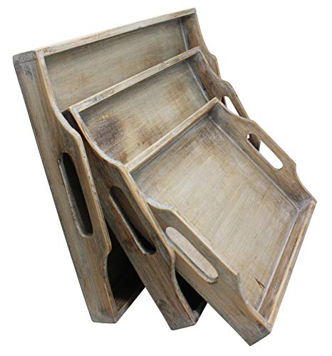 Vintage Rustic Torched Wood Country Nesting Breakfast Trays – White Washed Tray Set For Serving Breakfast, Coffee, Lunch, or Dinner – 3 Piece