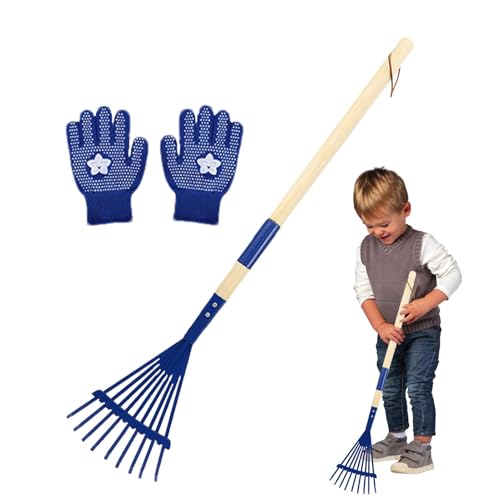 Small Garden Rake for Kids, Kids Lawn Rakes with Detachable Wooden Handle and Gloves, Lightweight Wooden Handle Leaves Rake for Outdoor Exploration, Gardening Work, Camping