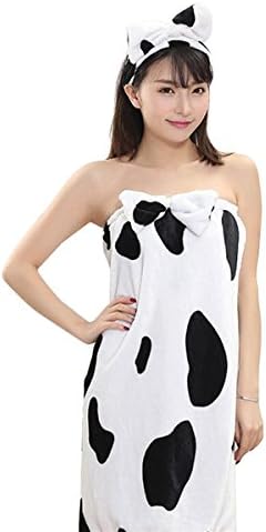 MJbeaful Bath Towel Soft Fleece Fashion Women Wearable Bath Towel Hair Band Set Breathable Fast Dry Beach Spa Bathrobe Wrap Bath Skirt milk cow See below for size descriptions