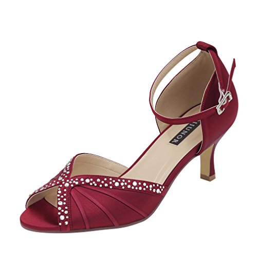 ERIJUNOR E8805C Women Comfort Low Heel Ankle Strap Rhinestones Pleat Satin Wedding Evening Dress Dance Shoes Burgundy Size 7