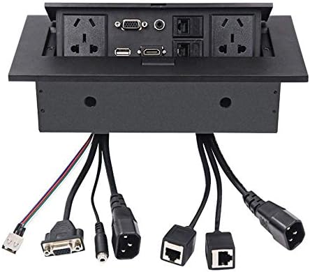 Pop up Desktop Power Socket - Conference Damped Multimedia Outlet with 2 Power, USB, Telephone, Internet, VGA, HDMI, 3.5 Audio for Office (Black)