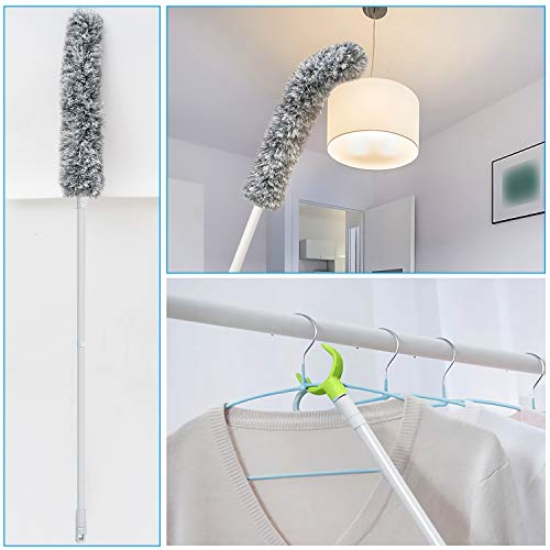 Microfiber Feather Duster Extendable (Up To 70 Inch)Washable Flexibility Detachable,Microfiber Head With Attached Extension Pole And Clothes Fork Duster For Cleaning House Office For Car (Grey)