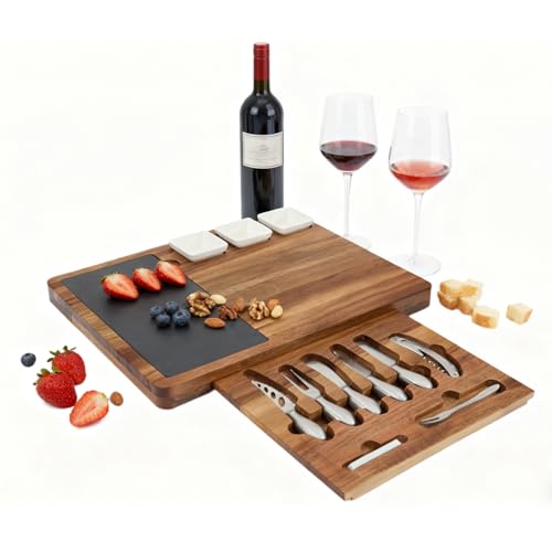 Louis Donné Premium Bamboo Cheese Board Knife Set - 5 Stainless Steel Knives 100% Natural Organic Bamboo Charcuterie Platter Multi Serving Tray for Cheese Meat for Christmas Weddings