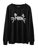 Halife Women's Cute Cat Face and Meow Letter Print Lightweight Sweatshirt