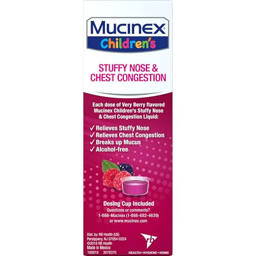 MUCINEX CHILDREN’S STUFFY NOSE & CHEST CONGESTION, MULTI-SYMPTOM RELIEF, EXPECTORANT, NASAL DECONGESTANT, VERY BERRY FLAVOR, 4 FL OZ