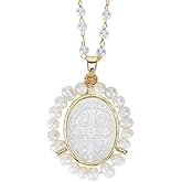 KETLIXS Mother of Pearl Cross Crucifix Symbol Miraculous Medal Necklace,Religious Faith Necklace Women,Oval Medal Shape