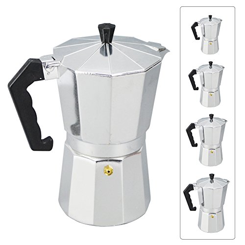 Click Here to See More Images Italian Espresso Coffee Maker Tool - 1/3/6/9/12 Cup Stove Top Coffee Pot with Cool Handle Flip Top Lid for Home Office Coffee Tea Tools(50ml,silver and black)