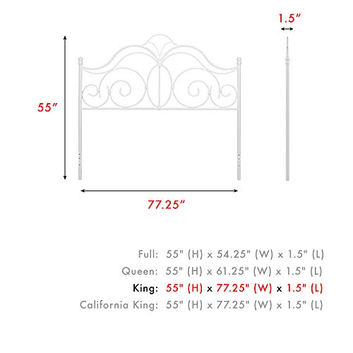 Leggett & Platt Rhapsody Metal Headboard Panel with Delicate Scrolls and Finial Posts, Glossy White Finish, King - Thumbnail 3