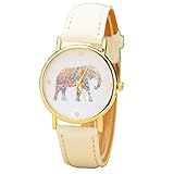 Ryanwayland Fashion Multi Color Flower Elephant Women's Leather Dress Watches Gold / White