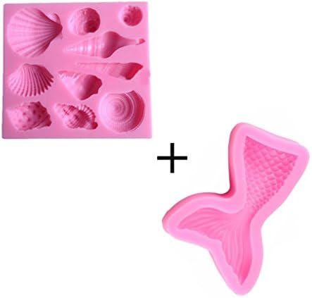 Kakasogo 2Pcs Small Fish Tail &amp; Seashell Sea Life Silicone Mold for Fondant Chocolate Sugar Craft DIY Cake Candy Decoration Romantic Baking Mould