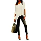 Memorose Women Loose Sleeve Plain Shoulder Off Asymmetric Hem T Shirt Top Blouse