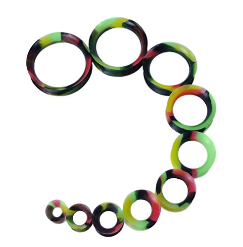 PAIR 8g-30mm Rasta Thin Earskin Silicone Tunnels Plugs Gauges Double Flare Green Red Yellow Black (9/16" (14mm))