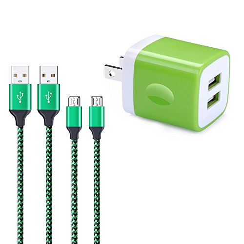 Charger Box, FiveBox 2.1A Dual Port Wall Charger Block Base Brick USB Phone Charging Cube Plug With 2-Pack 6ft Micro USB Charger Cable Cord For Android, Samsung Galaxy J3 J7, LG stylo 2/3 LG G3 G4 V10