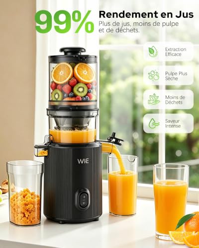 WIE Extracteur de Jus Slow Juicer Goulotte Large 135 mm pour Fruits et Légumes Entiers Moteur 300W Grande Capacité 2.6 L Presse à Froid Silencieuse