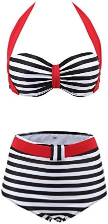 Cuteplus 50S Retro Vintage Floral Print High Waist Bikini SwimSuit for Women Girls (x-large, stripe)