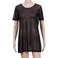 smile-xj Blouse Solid Mesh Sheer Transparent T Shirts Summer Short Sleeve O Neck Loose T Shirts,Black,One Size