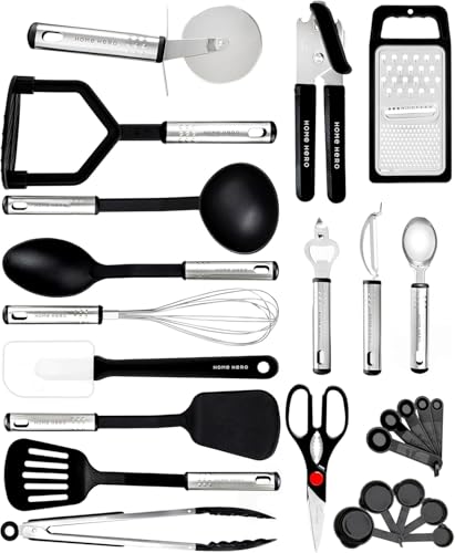 Utensilios de Cocina Resistentes al Calor y Antiadherentes - Espátula Cuchara Cucharón Pinzas Tijeras Set (25 Piezas Nylon Set)