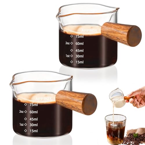 2PCS Taza Medidora Espresso, 15ml-75ml Taza de Café Medidoras Mango de Madera Tazas Medidoras Con Escala Vaso de,Adecuado para el Hogar, la Empresa y el Camping Espresso Cup.