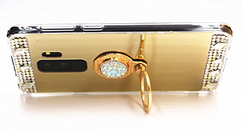 Galaxy S9 Plus Case,Lozeguyc Crystal Rhinestone Mirror Glass Case Bling Diamond Soft Rubber Makeup Case for Samsung Galaxy S9 Plus with Detachable 360 Degree Ring Stand--Gold