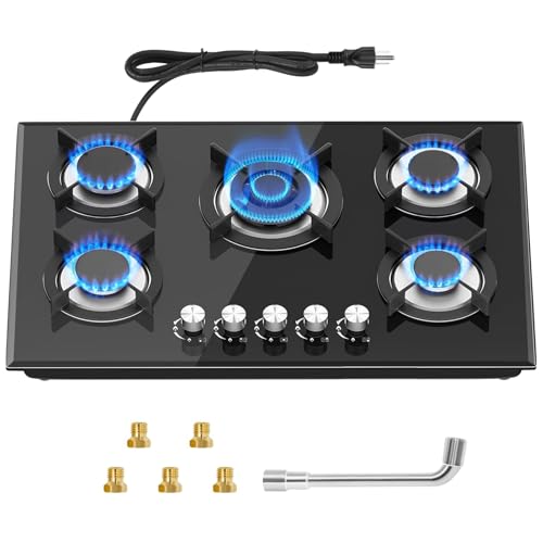 Argyolas 5 Burners Gas Stove 30inch, Built-in Kitchen Gas Stovetop with NG/LPG Conversion Kit, Glass Top Gas Burner (30in x 20.5in)