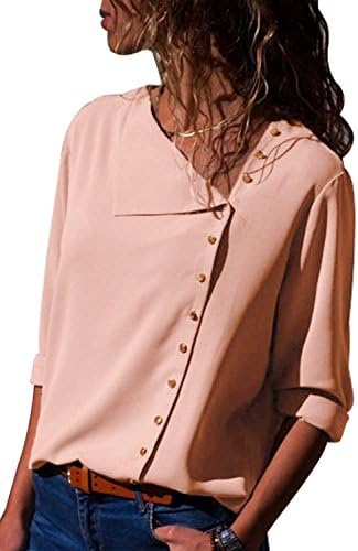 Jeazi Womens Long Sleeve Button Detail Loose Fitting Chiffon Casual Blouse Solid Tops