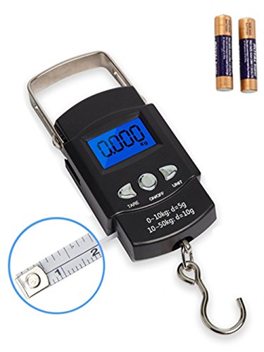 Fishing Scale, Hanging Scale, Rockjame Backlit LCD Screen 110lb/50kg Portable Electronic Digital Postal Hook Luggage Shopping Spring Scale with Measuring Tape, 2 AAA Batteries Included